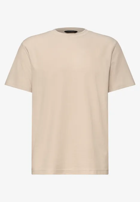 Ein schlichtes, beiges T-Shirt aus Baumwolle mit rundem Ausschnitt und kurzen Ärmeln.