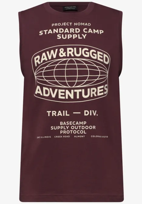 Ärmelloses dunkelrotes Shirt mit weißem 'RAW & RUGGED ADVENTURES'-Print