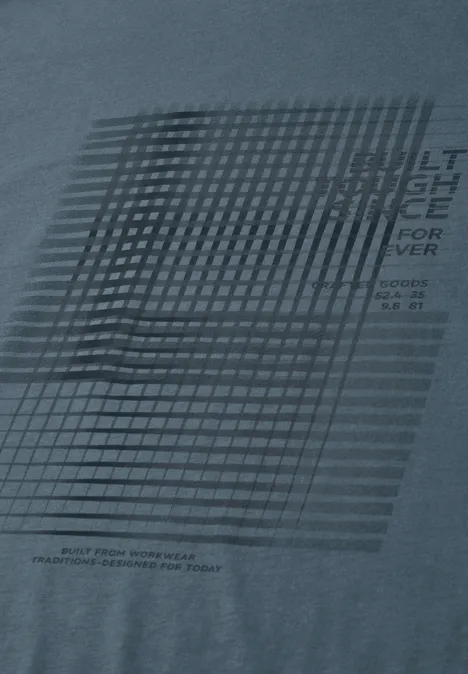 Shirt met ronde hals en opdruk vintage blue Blauw T-shirt met versprongen lichtgrijs gaaspatroon en opdruk 'LIGHT SCIENCE AND POWER'.