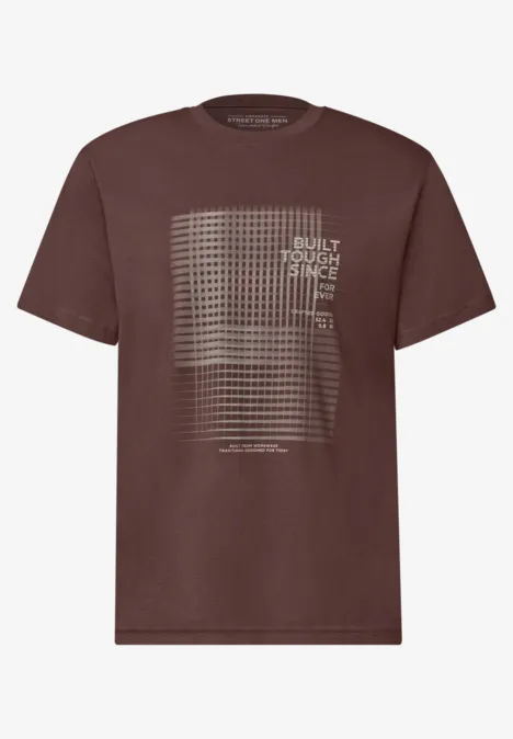 Shirt met ronde hals en print maroon brown Bruin T-shirt met subtiel stippenpatroon en tekstprint op de voorkant