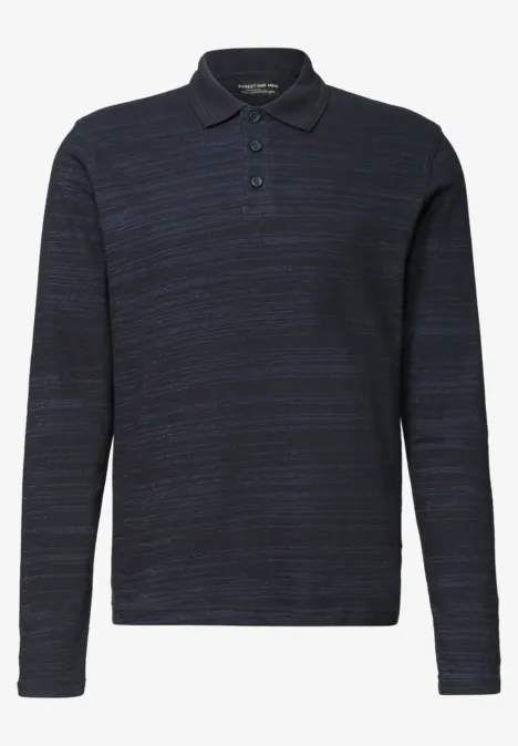 Langarm Poloshirt aus Baumwolle dark ink blue Navyblaues langärmeliges Polohemd aus meliertem Stoff mit Knopfleiste und Polokragen.