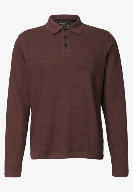 Polo met lange mouwen van katoen maroon brown Bruin poloshirt met lange mouwen, knoopsluiting en subtiele structuur