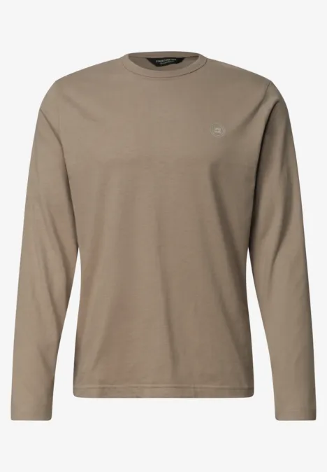 Effen shirt met lange mouwen en ronde hals antique beige Kaki longsleeve met ronde hals en klein logo op de borst