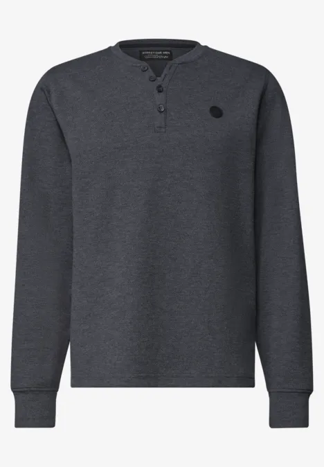 Dunkelgraues Langarm-Henley-Shirt mit Knopfleiste am Rundhalsausschnitt