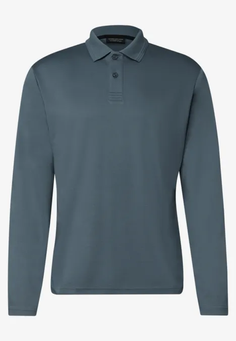 Graues, langärmeliges Poloshirt aus Baumwolle.
