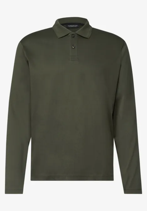 Polo à manches longues vert olive avec col classique et patte de boutonnage.