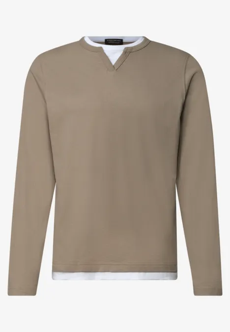 Henleyshirt im 2-in-1-Look antique beige Beiges Langarmshirt mit V-Ausschnitt und weißem Saum-Einsatz, im Lagen-Look.