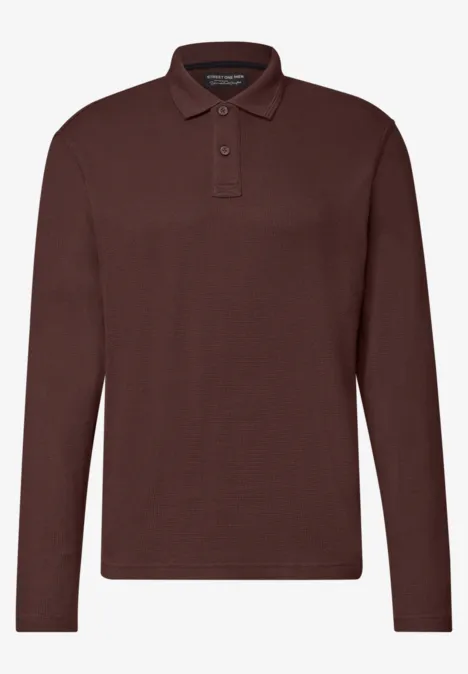 Langarm Poloshirt in Unifarbe maroon brown Braunes langärmeliges Poloshirt aus Baumwolle mit Knopfleiste am Kragen.