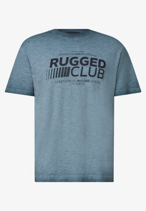 Hellblaues T-Shirt mit schwarzem 'RUGGED CLUB'-Schriftzug und Linienmotiv.