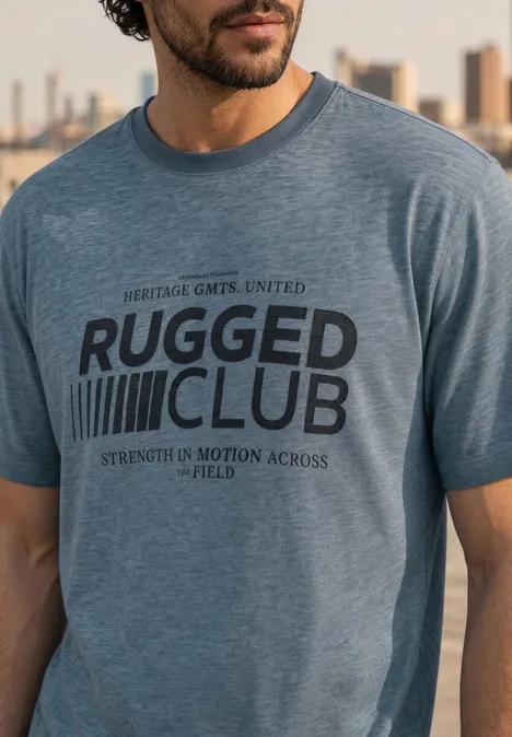 Mann trägt ein hellblaues T-Shirt mit 'Rugged Club'-Aufdruck vor einer Stadt-Silhouette