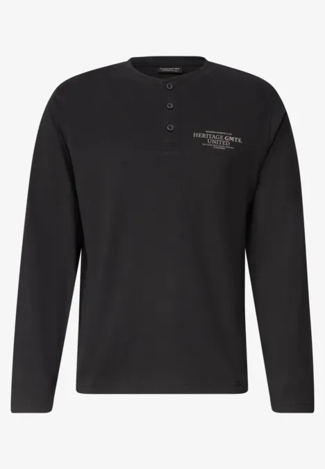 T-shirt Henley à manches longues noir avec patte de boutonnage et petit logo poitrine