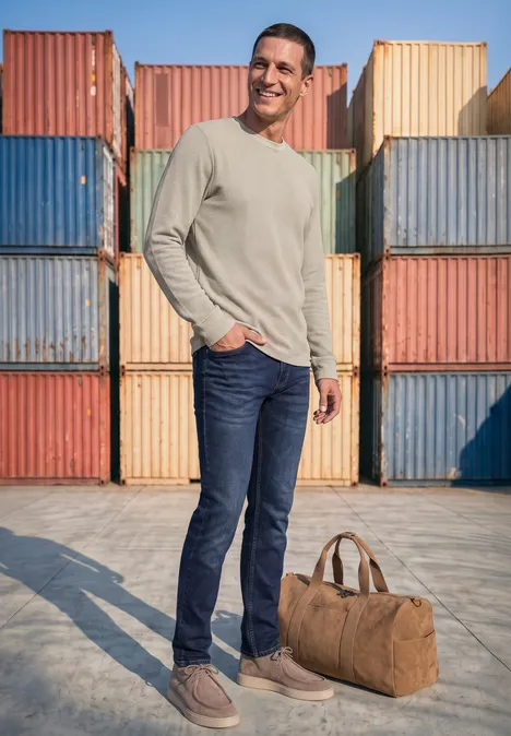 Ein lächelnder Mann mit Tasche steht vor bunten Containerwänden.