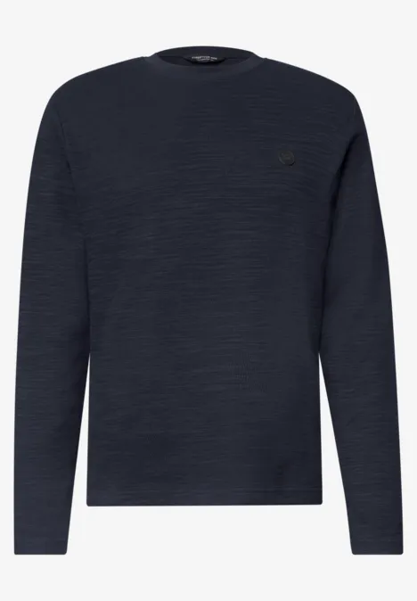 Dunkelblauer Langarm-Pullover mit dezentem Strukturmuster und rundem Halsausschnitt.
