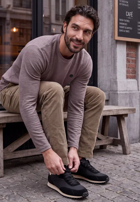 Een man zit voor een café op een bank en strikt zijn schoenen.