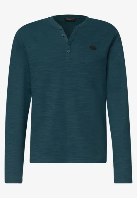 Dunkelgrünes Langarm-Henley-Shirt mit 3-Knopf-Leiste