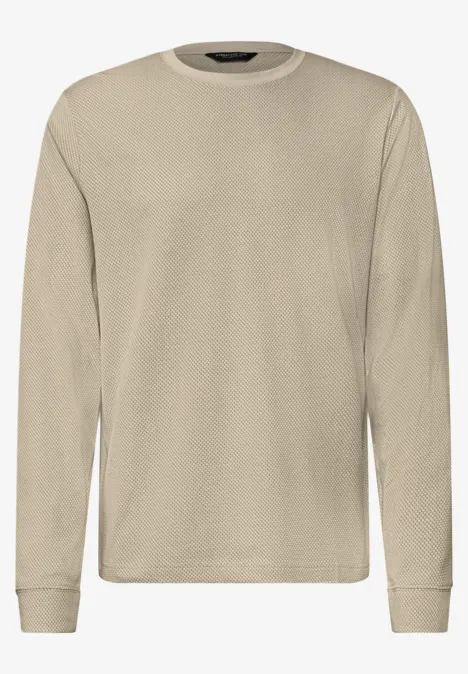 Langarm Shirt mit Popcorn-Struktur classic beige Schlichtes, beiges Langarmshirt mit Rundhalsausschnitt, Frontalansicht.