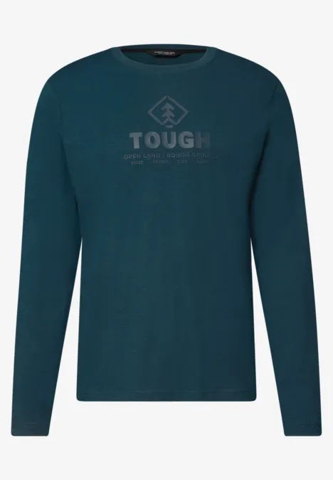 T-shirt à manches longues avec imprimé ton sur ton dark fjord blue T-shirt à manches longues vert foncé avec inscription TOUGH et petit logo géométrique sur la poitrine