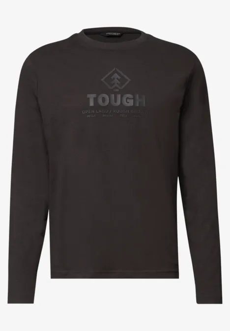 T-shirt à manches longues avec imprimé ton sur ton shadow brown Schwarzes Langarmshirt mit rundem Ausschnitt und 'TOUGH'-Aufdruck vorn.