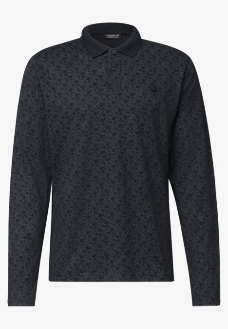 Donkerblauw poloshirt met lange mouwen en subtiel ton-sur-ton patroon