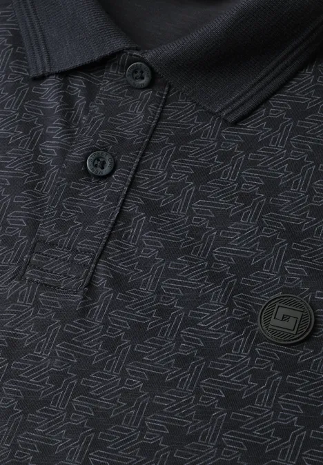Zwart poloshirt met subtiel abstract all-over patroon, kraag, knoopsluiting en klein metalen logo