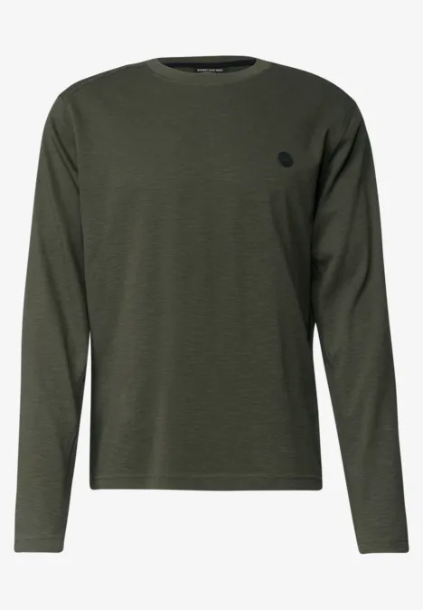 Dunkelgrünes Langarmshirt mit Rundhals und kleinem Logo auf der Brust.