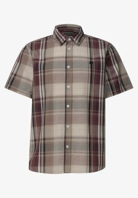 Korte-mouwen overhemd met bruin-crème ruitpatroon, knoopsluiting voor, casual stijl.