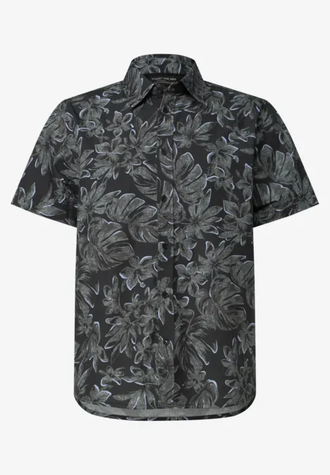 Schwarz-graues Hemd mit kurzem Arm und dezentem Blumenprint.