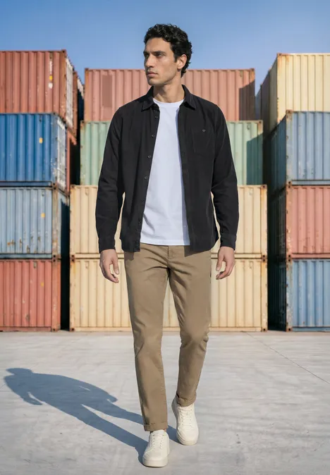 Effen corduroy overhemd met lange mouwen obsidian grey Een man in een wit shirt en donkere jas loopt langs kleurrijke containers op een industrieterrein.