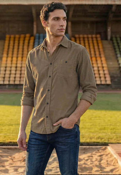 Ein junger Mann in braunem Hemd und Jeans steht auf einem Sportplatz vor leeren Tribünen.