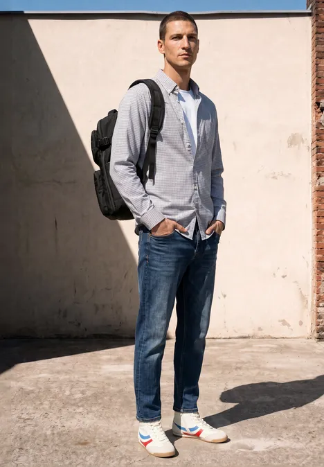 Langarm Popeline Hemd mit Print bright white Ein Mann steht vor einer hellen Wand, trägt Jeans, Hemd, Rucksack und Sneaker.