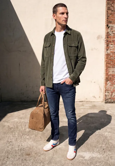 Mann trägt grüne Jacke, weißes T-Shirt, blaue Jeans und Sneaker, hält eine braune Tasche.