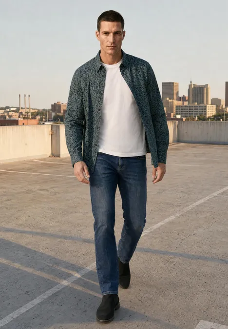 Ein Mann in Jeans und Hemd geht auf einem Parkdach mit Blick auf die Skyline.