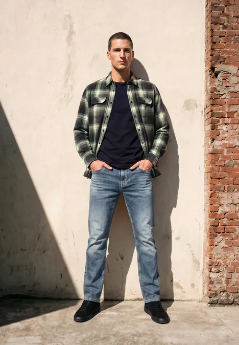 Ein Mann steht vor einer Wand, trägt ein kariertes Hemd, Jeans und schwarze Schuhe, Hände in den Hosentaschen.