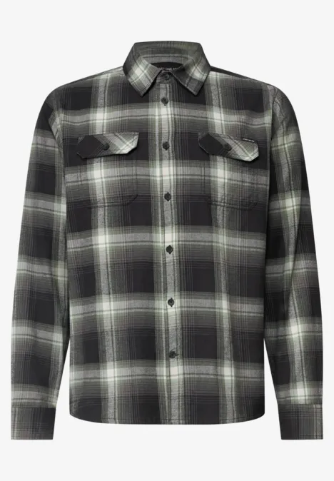 Schwarzes kariertes Hemd im Flanell-Look mit Knopfleiste und Brusttaschen