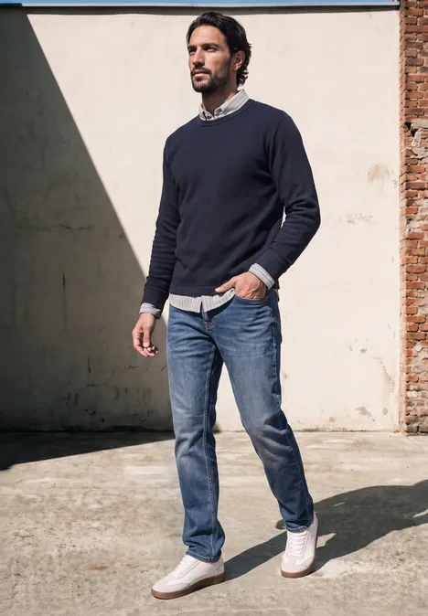 Chemise en flanelle à manches longues à rayures cement grey melange Un homme en pull et jean marche tranquillement à l’ombre d’un mur extérieur.