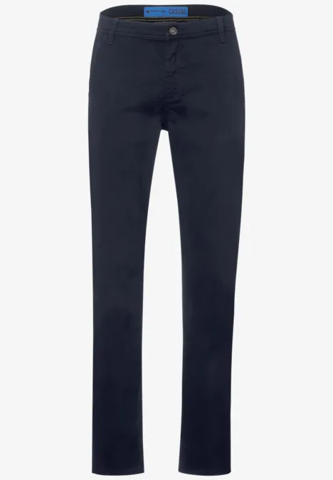 Pantalon droit en tissu bleu foncé, style classique.