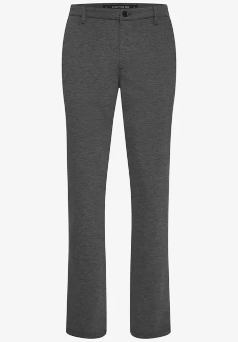 Eine schlichte graue Hose mit geradem Schnitt und Bund mit Knopfverschluss.