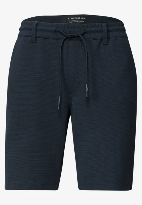 Dunkelblaue Sweatshorts mit elastischem Bund und Kordelzug, knielang.