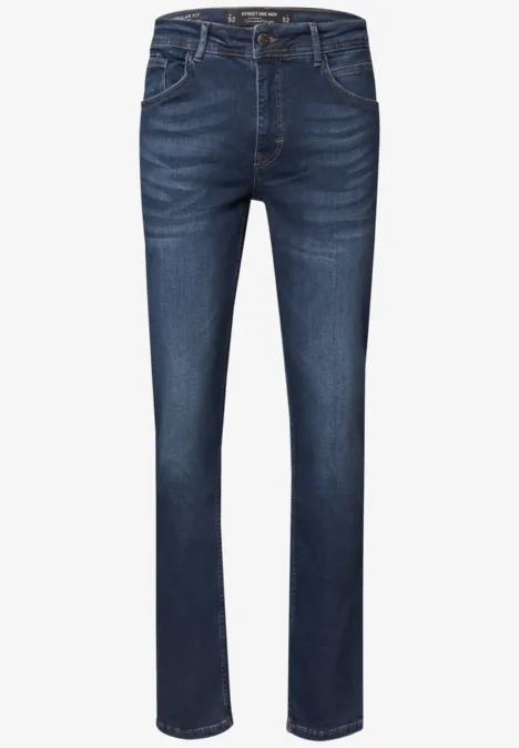 Dunkle, gerade geschnittene Jeanshose aus Denim mit fünf Taschen und Gürtelschlaufen.