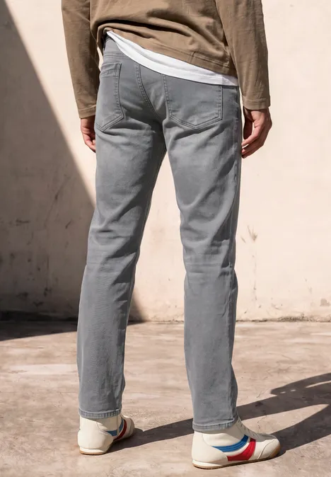 Straight Leg Jeans im Regular Fit mid grey random wash Rückenansicht einer Person in grauen Hosen und weißen Sneakers mit farbigen Streifen vor hellem Hintergrund.