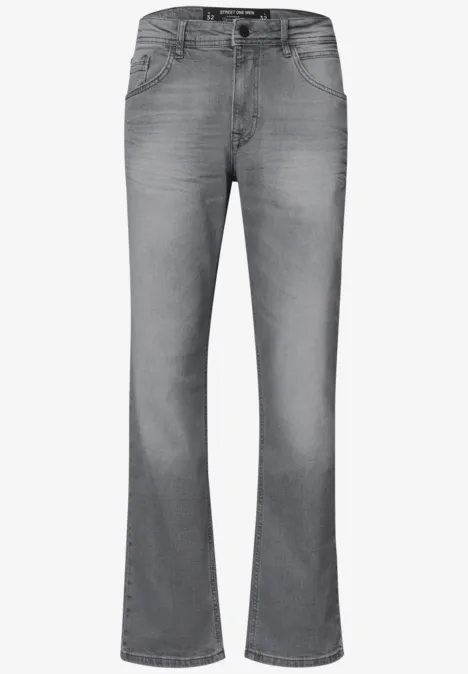Straight Leg Jeans im Regular Fit mid grey random wash Graue Jeans mit geradem Schnitt, Five-Pocket-Design und mittelhoher Leibhöhe.