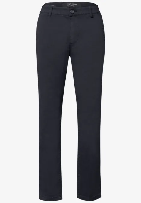 Dunkelgraue, schlichte Chinohose mit geradem Schnitt und Gürtelschlaufen.