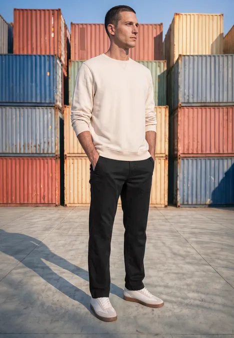 Slim Leg chino met flexibele tailleband basic black Een man in casual kleding staat voor gekleurde zeecontainers, zijn schaduw valt op de betonnen grond.