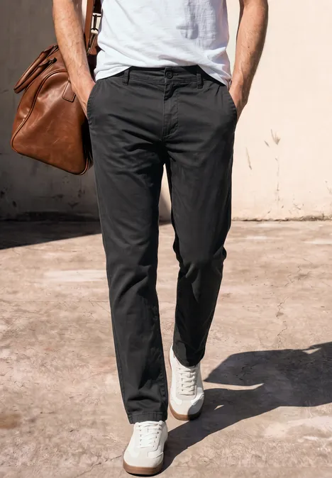 Iemand loopt, draagt zwarte broek, witte sneakers en een lichtbruine leren tas.