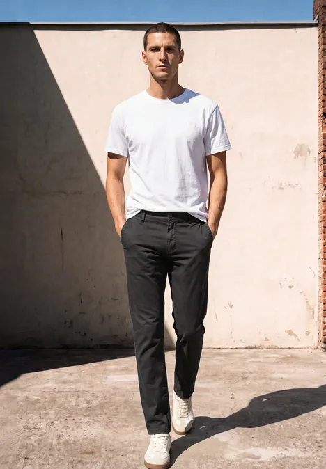 Een man in een wit t-shirt en donkere pantalon loopt zelfverzekerd langs een zonnige muur.