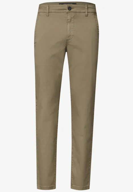 Kaki broek met rechte pasvorm, knoop- en ritssluiting.