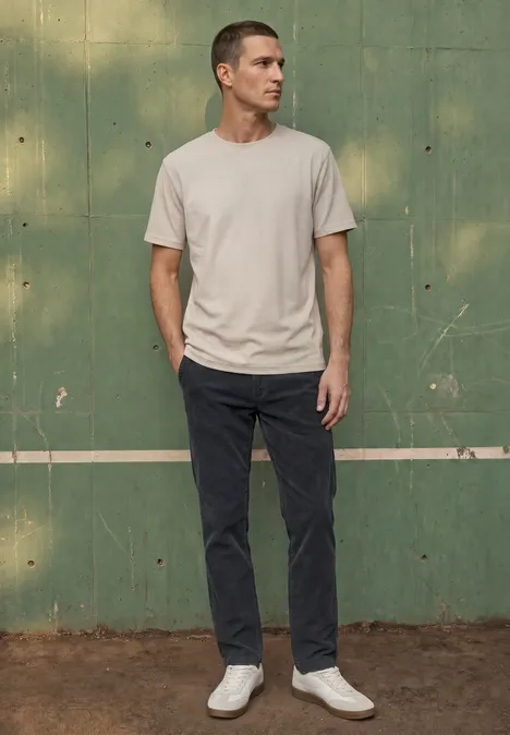 Ein Mann in weißem T-Shirt und dunkler Hose steht entspannt vor einer grünen Holzwand, Hände in den Taschen.