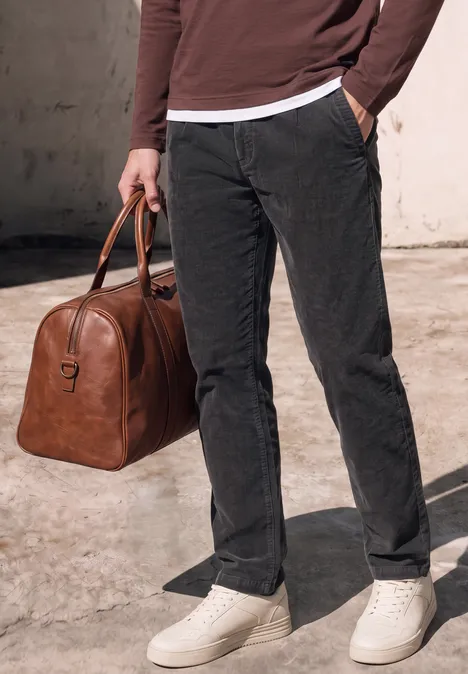 Pantalon chino en velours côtelé avec plis marqués au fer à repasser obsidian grey Personne en pantalon noir, baskets blanches et sac de voyage marron sur sol en béton clair.