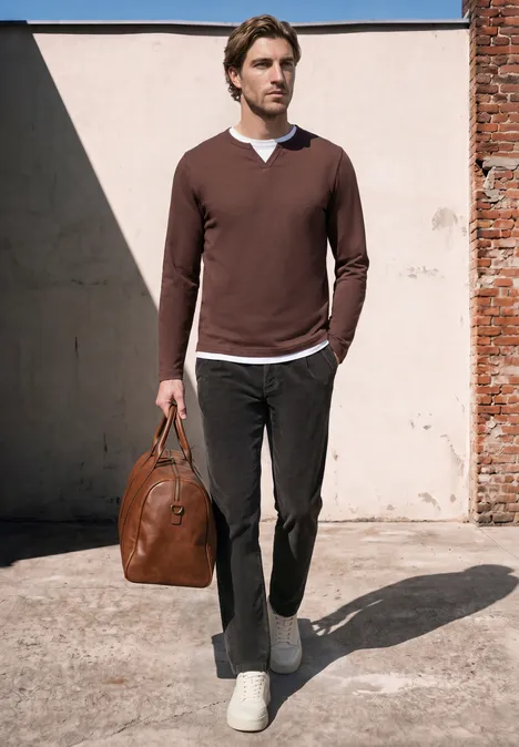 Pantalon chino en velours côtelé avec plis marqués au fer à repasser obsidian grey Un homme en pull marron et pantalon sombre porte un sac devant un mur.