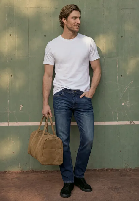 Ein Mann in weißem T-Shirt und blauen Jeans steht vor einer grünen Wand und hält eine braune Tasche.